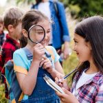 Children using a magnifying glass and notebook during a guided nature study activity with counselors at summer camp