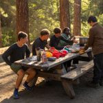 Camp staff member serving food to a group at an outdoor picnic table in the woods